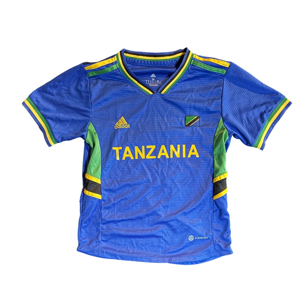 Adidas Tanzania Soccer Jersey Mens Medium Blue Short Sleeve Aeroready Shirt